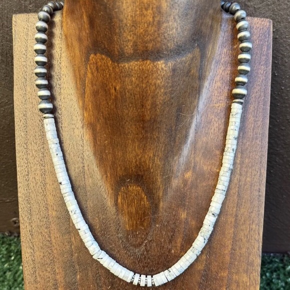 Sterling Silver White Buffalo Turquoise Heishi Bead W Pearls Necklace. 18 inch